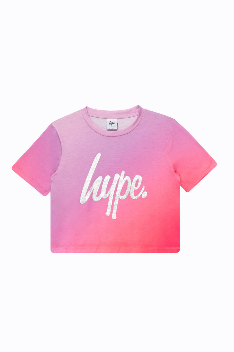 HYPE GIRLS PINK FADE HOLOGRAPHIC SCRIPT CROPPED T-SHIRT