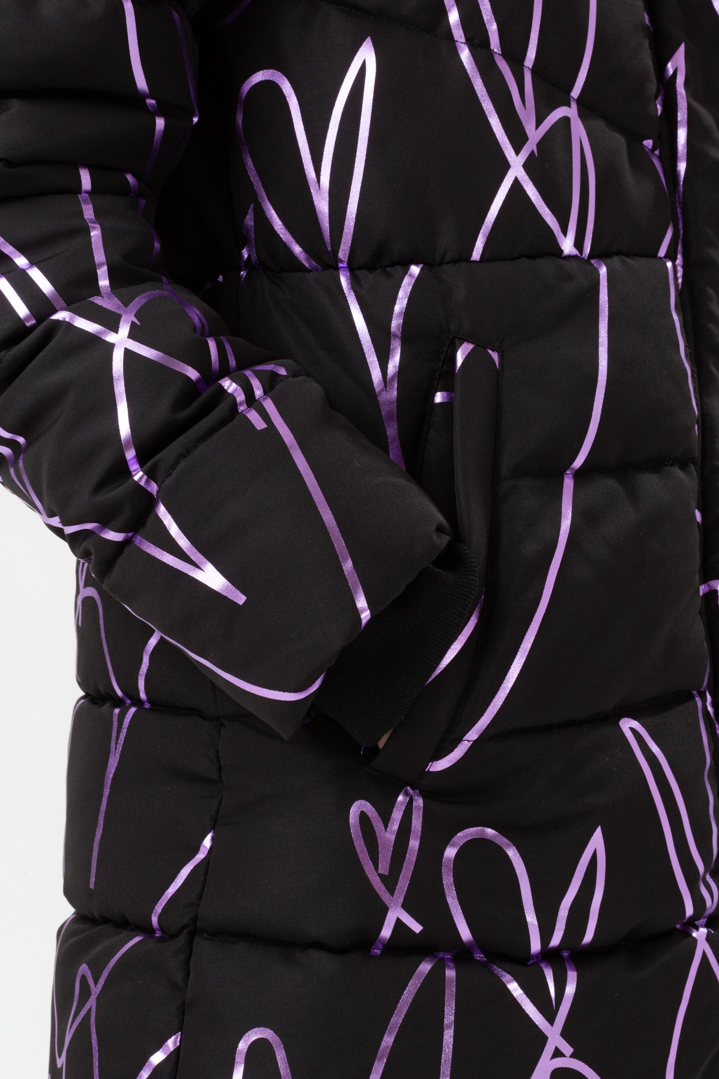 Hype Girls Black Sketch Heart Holographic Parka Script Jacket