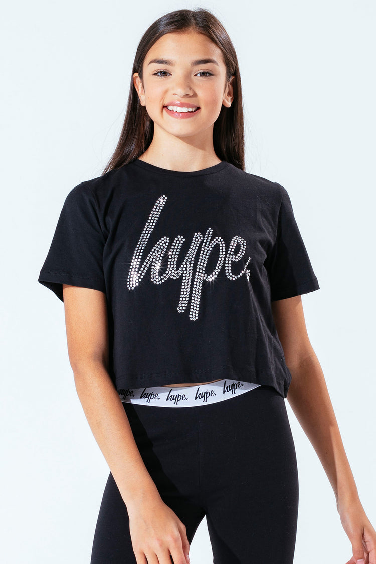 Hype Black Diamante Script Kids Crop T-Shirt