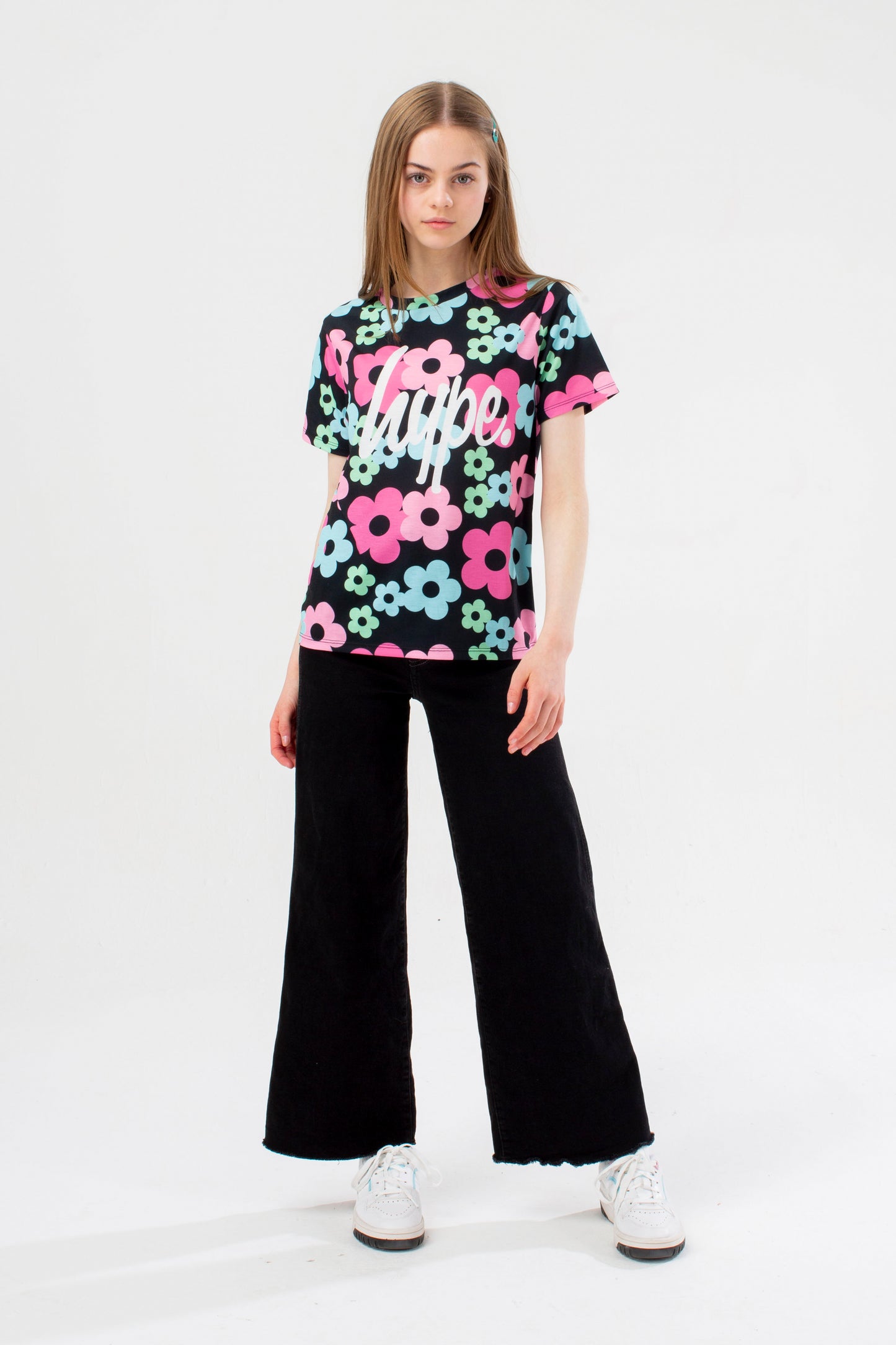 Hype Girls Black 70'S Flower Script T-Shirt