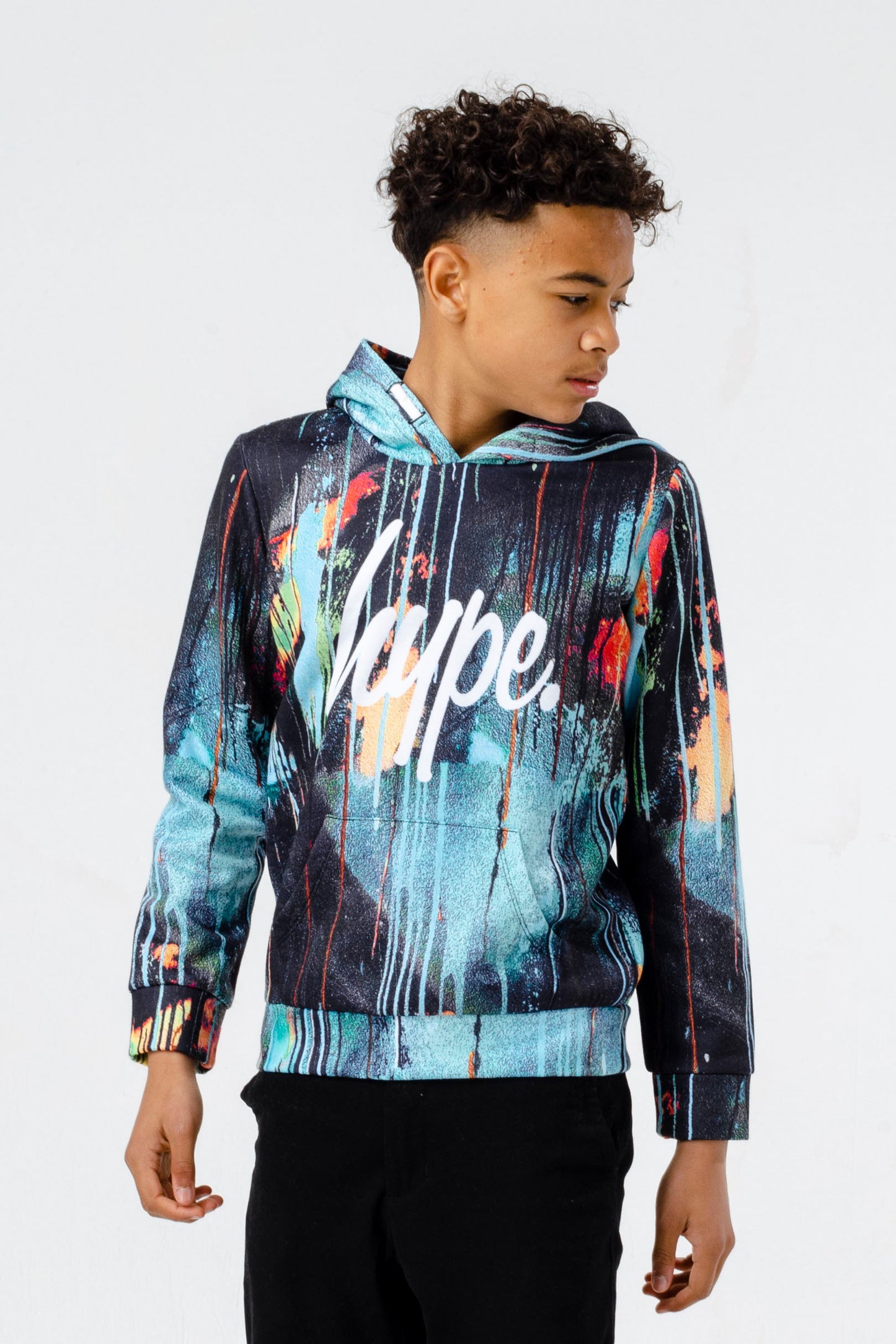 Hype Boys Turquoise Spray Drips Script Hoodie