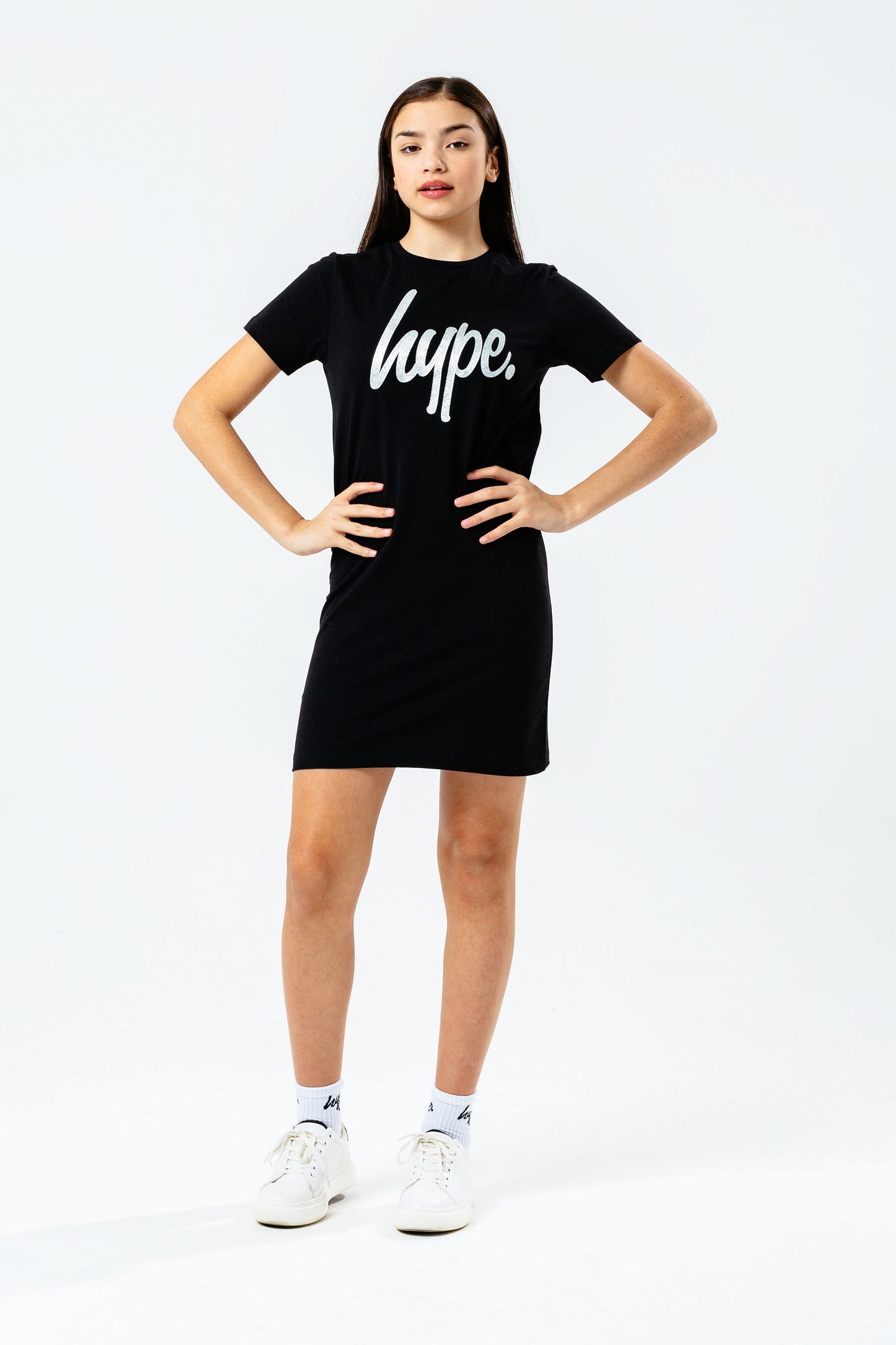 Hype Girls Black Glitter Script Tee Dress