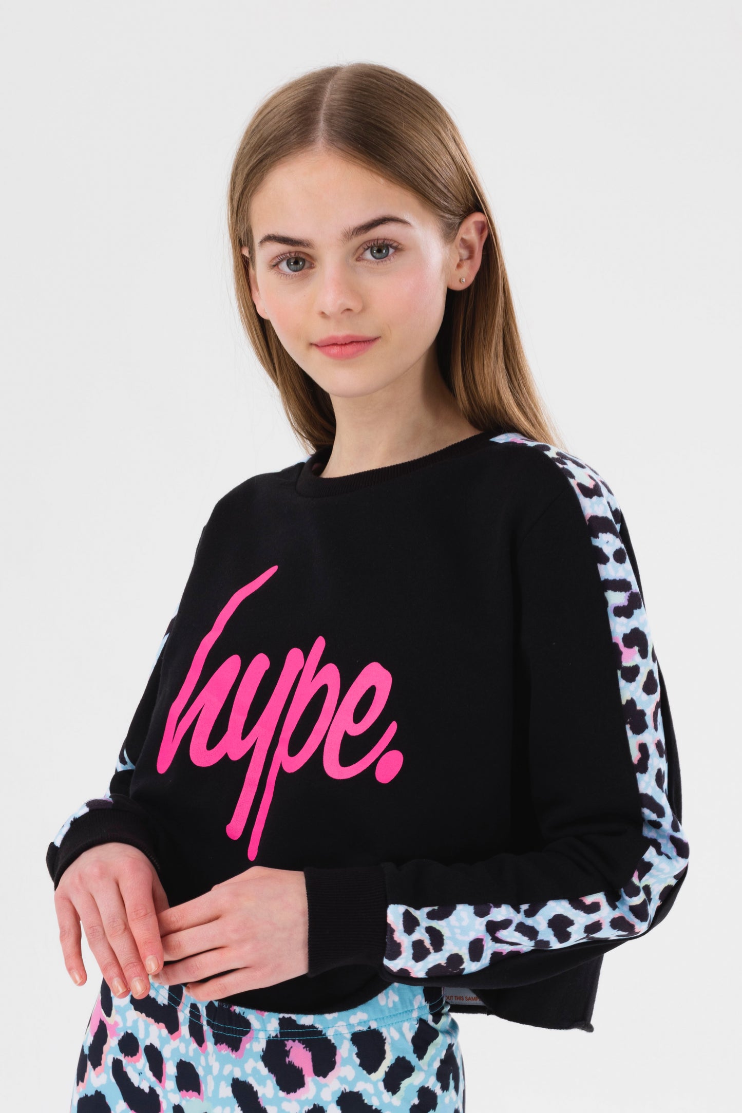 Hype Girls Blue Ice Leopard Script Crop Crew Neck