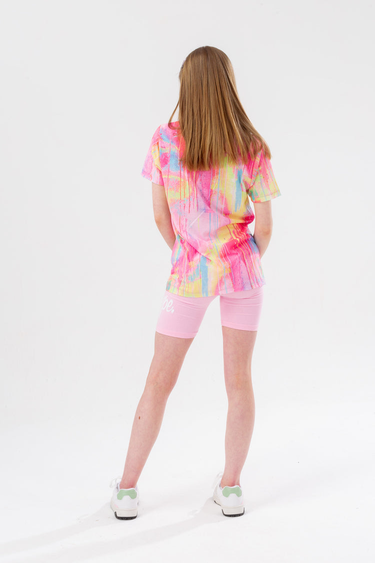 HYPE GIRLS PINK SPRAY DRIPS SCRIPT TEE AND SHORTS SET
