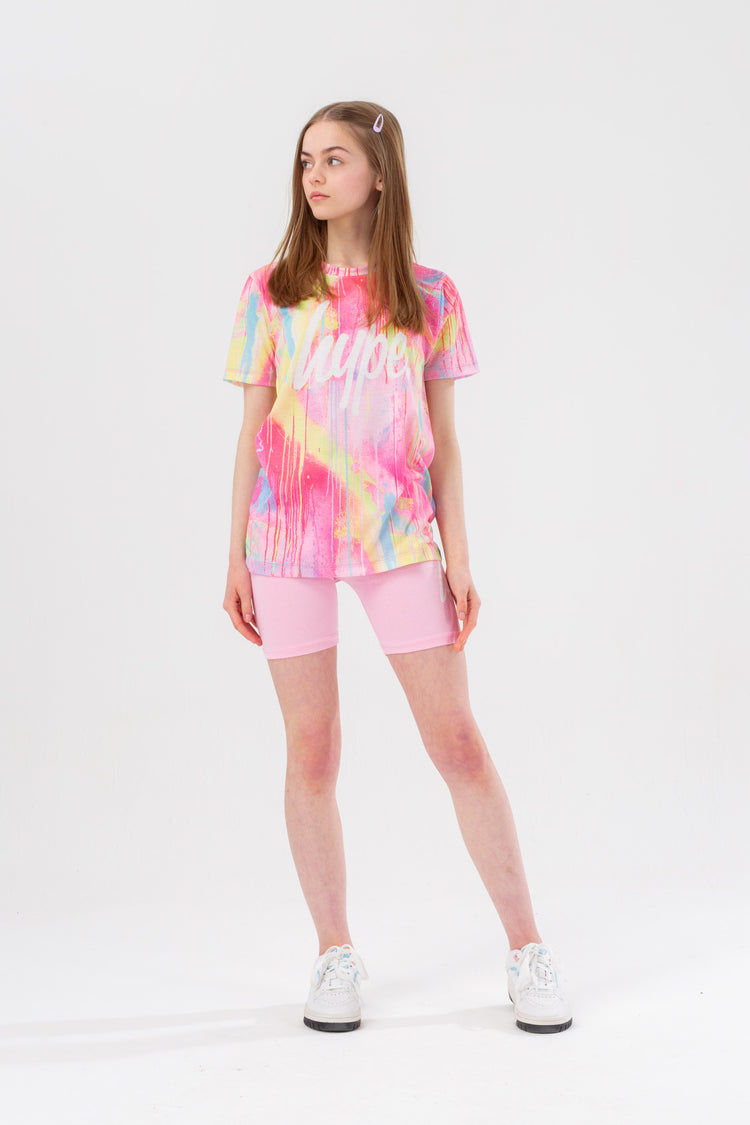 HYPE GIRLS PINK SPRAY DRIPS SCRIPT TEE AND SHORTS SET