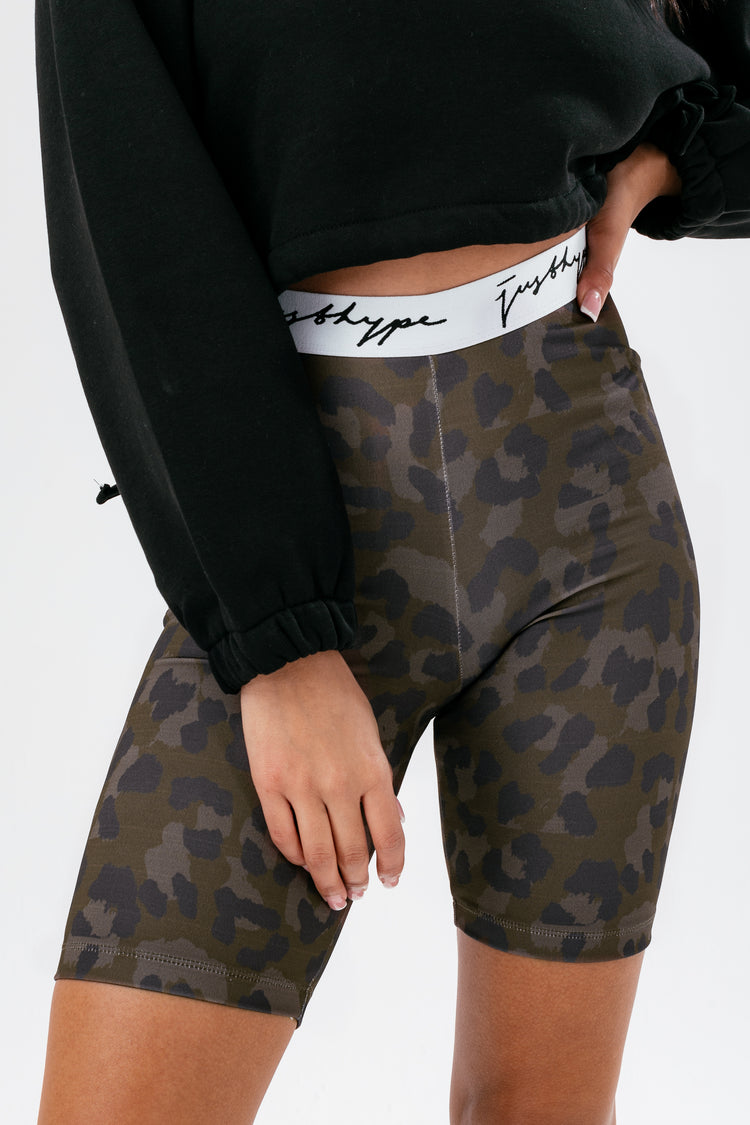 HYPE WOMENS BROWN CHOC LEOPARD TAPE CYCLING SHORTS