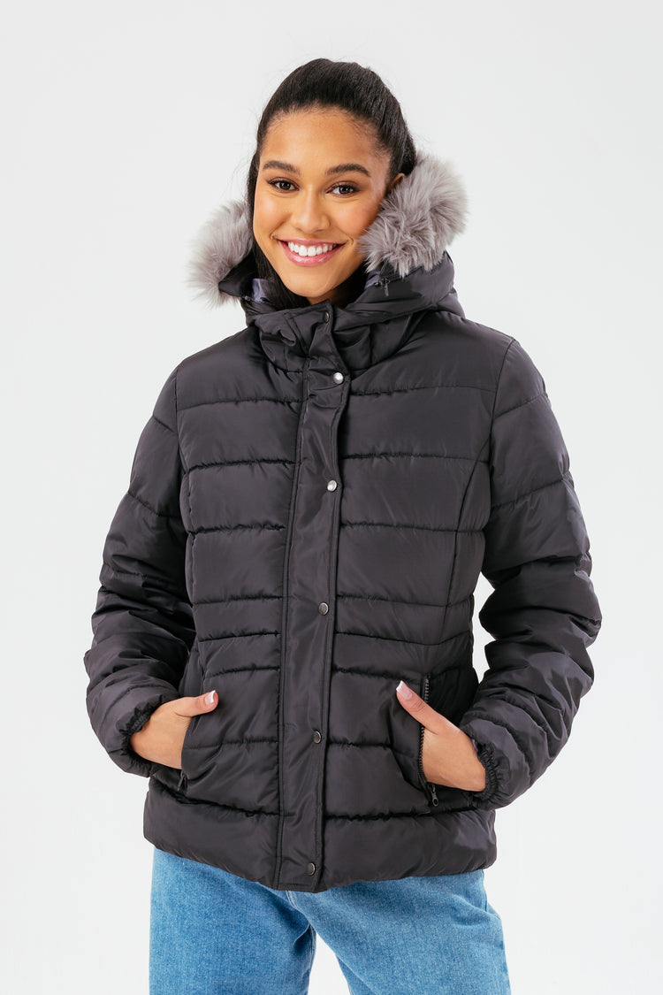 HYPE WOMENS CHARCOAL SCRIBBLE LABEL FITTED PUFFER JACKET